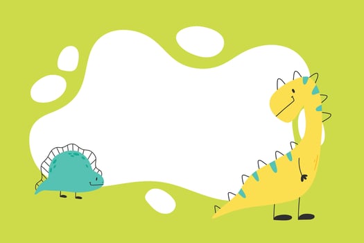 Dino photo frame, templates for text or invitations. Vector illustration of a funny cartoon dinosaur character. Scandinavian style doodle, hand drawn