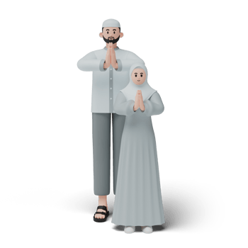 3D render of muslim people. Happy family showing apologize and welcome hand gesture. Apology during eid mubarak. Full length character isolated image on white background png
