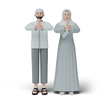 3D render of muslim people. Happy family showing apologize and welcome hand gesture. Apology during eid mubarak. Full length character isolated image on white background png