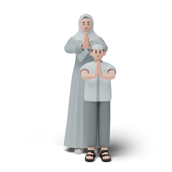 3D render of muslim people. Happy family showing apologize and welcome hand gesture. Apology during eid mubarak. Full length character isolated image on white background png