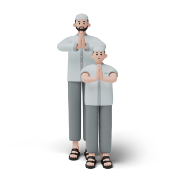 3D render of muslim people. Happy family showing apologize and welcome hand gesture. Apology during eid mubarak. Full length character isolated image on white background png