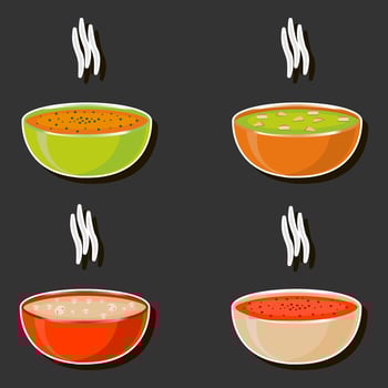 Illustration on theme big set various types beautiful tasty edible hot homemade soups vector