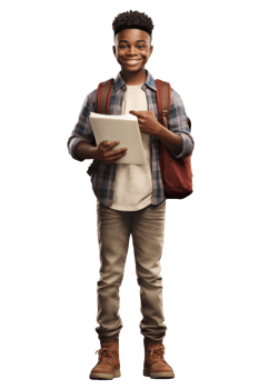 AI generated Portrait of little boy student happy smiling standing holding a book and carrying a school bag png