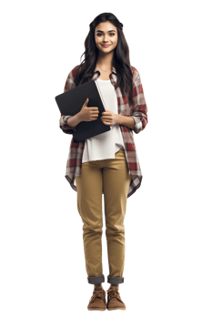 AI generated Portrait of young woman college student happy smiling standing holding a book and carrying a school bag png