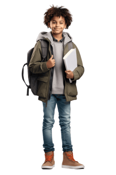 AI generated Portrait of little boy student happy smiling standing holding a book and carrying a school bag png