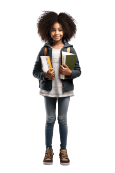 AI generated Portrait of little girl student happy smiling standing holding a book and carrying a school bag png