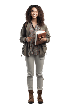 AI generated Portrait of young woman college student happy smiling standing holding a book and carrying a school bag png