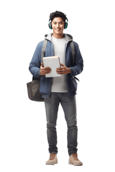 AI generated Portrait of young man college student happy smiling standing holding a book and carrying a school bag png