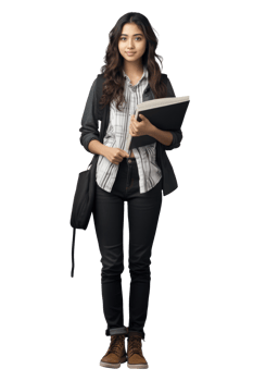 AI generated Portrait of young woman college student happy smiling standing holding a book and carrying a school bag png