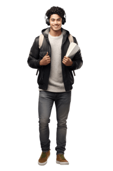 AI generated Portrait of young man college student happy smiling standing holding a book and carrying a school bag png