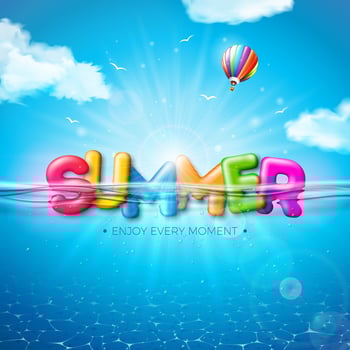 Vector Summer Illustration with Colorful 3d Typography Letter on Underwater Blue Ocean Background. Realistic Summer Vacation Holiday Design for Banner, Flyer, Invitation, Brochure, Poster or Greeting
