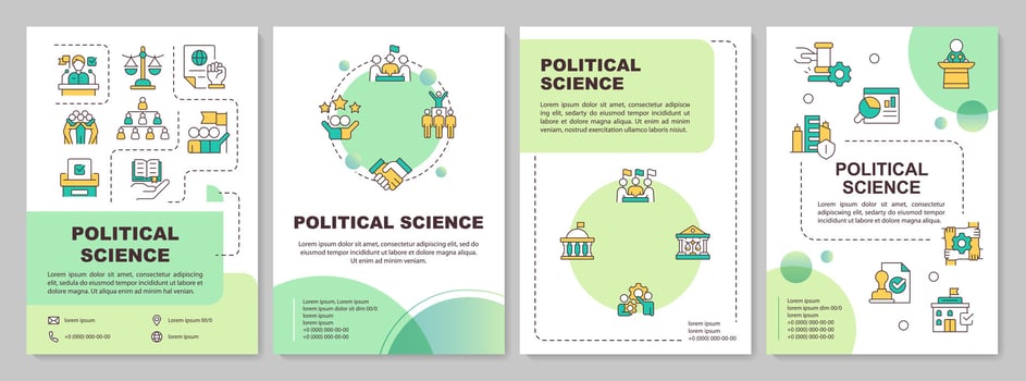 Politics science circle green brochure template. Government structure. Leaflet design with linear icons. Editable 4 vector layouts for presentation, annual reports. Arial-Bold, Lato-Regular fonts used