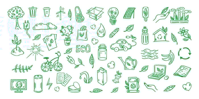 Set of ecology. Hand-drawn doodle vector illustration. Ecology problem, recycling and green energy icons. Environmental symbols.