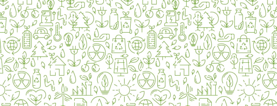 Ecology seamless pattern, green line icons. Ecology environment improvement, sustainability, recycle, renewable energy. Eco friendly vector banner. For cover, wrapping paper, textile print
