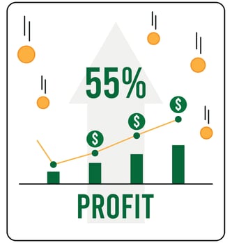 55 percent profit. Vector investment and receiving profits, concept finance and earning money