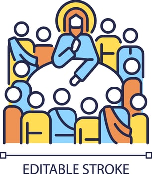 Last Supper RGB color icon. Jesus Christ and twelve apostles. Holy communion. New testament. Biblical scene. Isolated vector illustration. Simple filled line drawing. Editable stroke