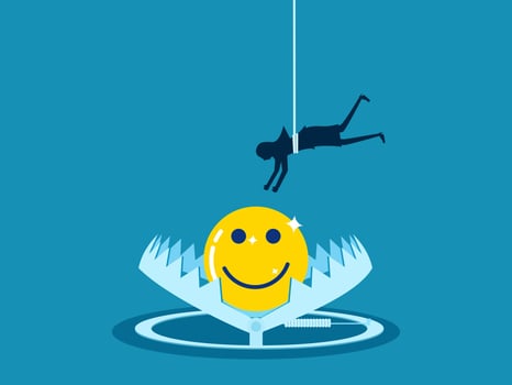 Happiness trap. Businesswoman tries to pick up smiley icon in bear trap Vector