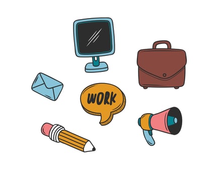 Briefcase, megaphone, computer monitor, pencil, and envelope flat style design. Set of office icons in doodle style. Vector illustration.
