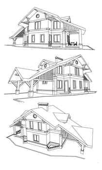 Vector set of private house facades, detailed architectural technical drawing, isometric, aerial view