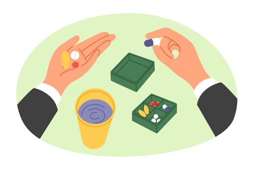 Antibiotics and vitamins in hands man standing near pillbox with medicines and glass of water. Painkillers antibiotics to defeat flu, purchased from pharmacies and produced by pharmaceutical company vector