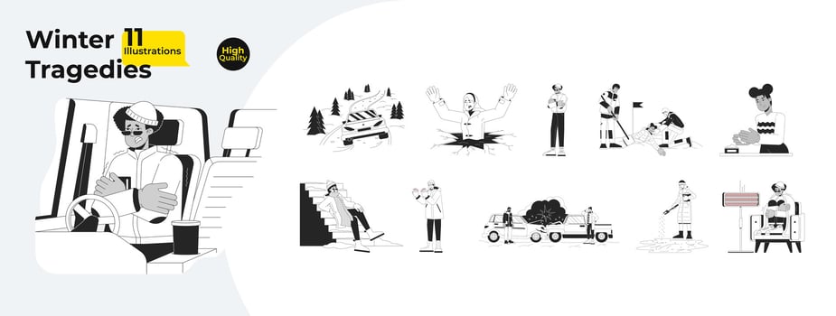 Winter Hazards Monochrome Cartoon Flat Illustration Bundle vector