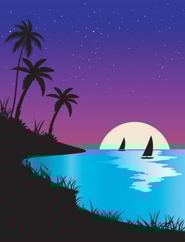 Beautiful magical seascape, ships silhouettes in the distance, the sunset in the horizon paints the sky in hues of fiery purple vector