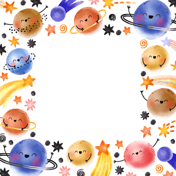 Square frame for a children's party with planets and stars. Invitation in space style. Galaxy and outer space. Baby shower for boys and girls. Illustration on isolated background png