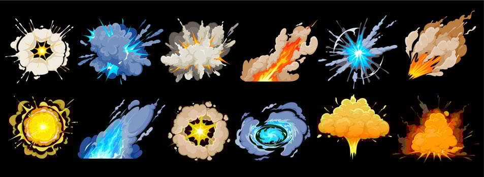 Cartoon bomb explosions, smoke and boom blasts vector
