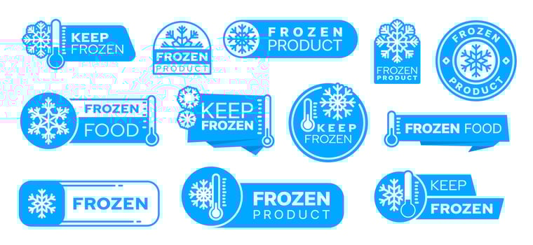 Blue frozen cold product icons, labels and badges vector