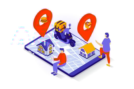 Food delivery concept in 3d isometric design. People ordering products bags and fast food meal, payung online and tracking courier shipping. Vector illustration with isometry scene for web graphic