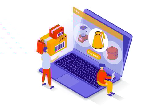 Online shopping concept in 3d isometric design. People choosing kitchen appliance at store assortment webpage, ordering and paying at laptop. Vector illustration with isometry scene for web graphic