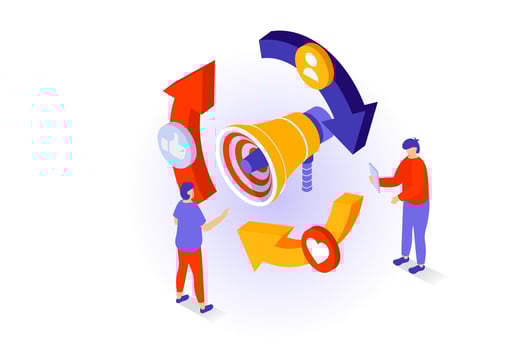 Social media concept in 3d isometric design. People making new posts, collecting followers reactions and sharing information and links in blog. Vector illustration with isometry scene for web graphic