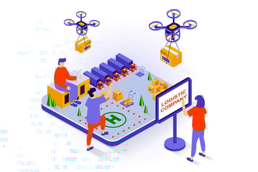 Transportation and logistics concept in 3d isometric design. People work at warehouse in delivery company with truck shipping and flying drones. Vector illustration with isometry scene for web graphic
