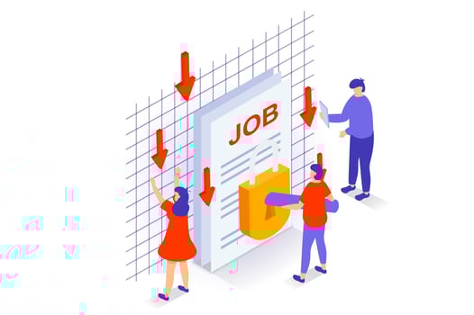 Unemployment and crisis concept in 3d isometric design. People losing jobs and have financial problems and bankruptcy, job market is locked. Vector illustration with isometry scene for web graphic