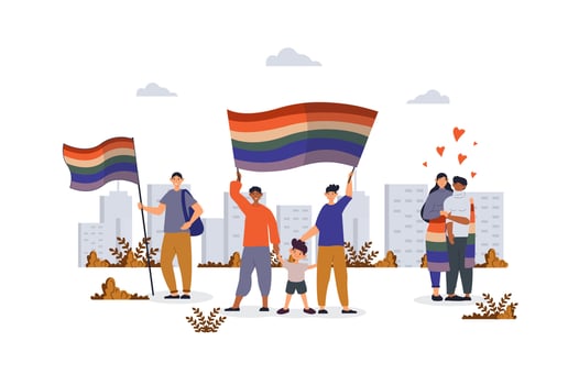 LGBTQ concept with character scene for web. Gays and lesbians couple holding rainbow flag and celebrating pride festival. People situation in flat design. Vector illustration for marketing material.