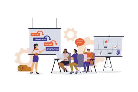 Project management concept with character scene for web. Women and men developing and planning tasks and stage checklist. People situation in flat design. Vector illustration for marketing material.