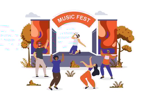 Music fest concept with character scene for web. Women and men dancing and listening singer on stage at music festival. People situation in flat design. Vector illustration for marketing material.