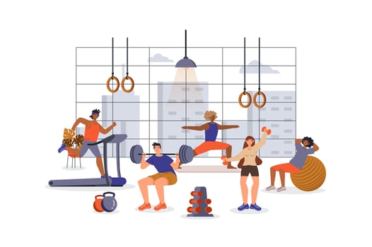 Fitness training concept with character scene for web. Women and men do yoga, lifting barbell, running treadmill in gym. People situation in flat design. Vector illustration for marketing material.