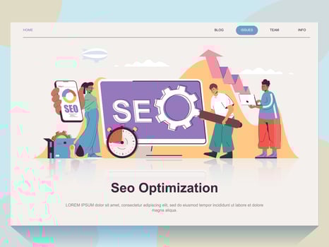 Seo optimization web concept for landing page in flat design. Man and woman making analytics research and optimizes ranking and site traffic. Vector illustration with people scene for website homepage