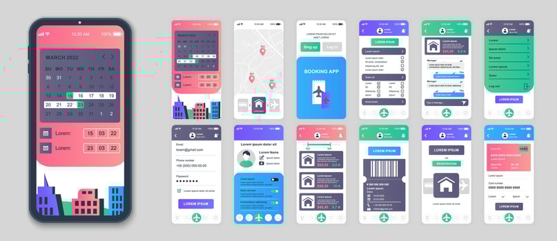Booking mobile app screens set for web templates. Pack of searching hotel room, online ordering flight tickets, payment in account. UI, UX, GUI user interface kit for cellphone layouts. Vector design
