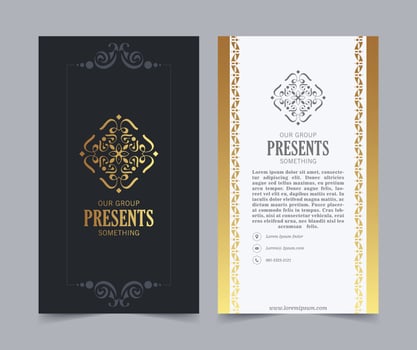 Luxury business card and vintage ornament logo vector template. Retro elegant flourishes ornamental frame design and pattern background.