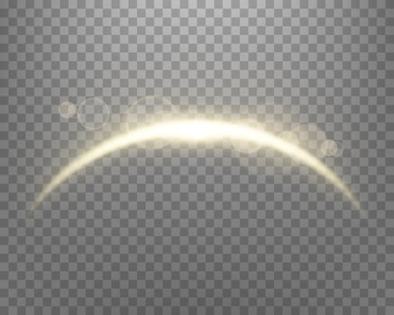 Gold magic arch with glowing particles, sunlight lens flare. Neon realistic energy flare arch. Abstract light effect. Vector illustration.