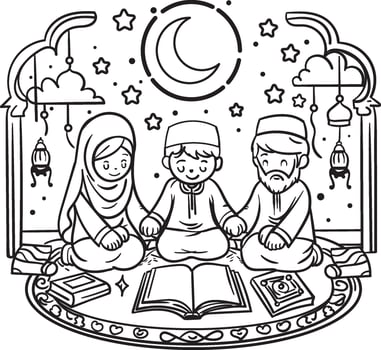 Islamic family coloring book, father, mother and child are learning vector