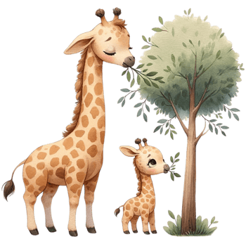 AI generated A mother giraffe teaching the calf to eat leaves from a tall tree  watercolor clipart.Ai Generate png