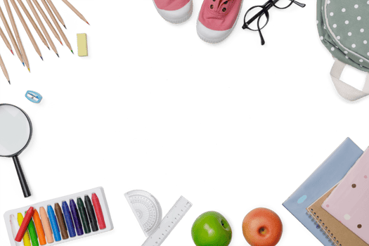 Creative flatlay of education white table with backpack, student books, shoes, colorful crayon, eye glasses, empty space isolated, Concept of education and back to school, PNG transparency with shadow