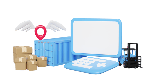 laptop computer with forklift, goods cardboard box, pin isolated. shipping container for import export, logistic service concept, 3d illustration rendering png
