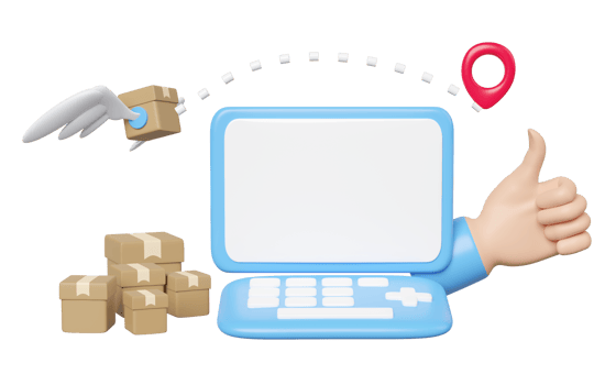 laptop computer with thumbs up, goods cardboard box fly, pin isolated. express delivery route, worldwide shipping concept, 3d illustration render png