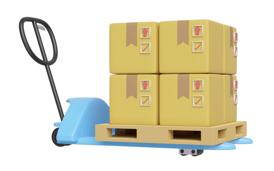 3d blue hand pallet truck with goods cardboard box isolated. 3d illustration render png