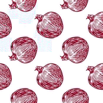 Pomegranate seamless pattern. Whole fruit, slices. Vector illustration in graphic style. Design element for cards, food labels, banners, covers, wrapping paper, textile, fabric.