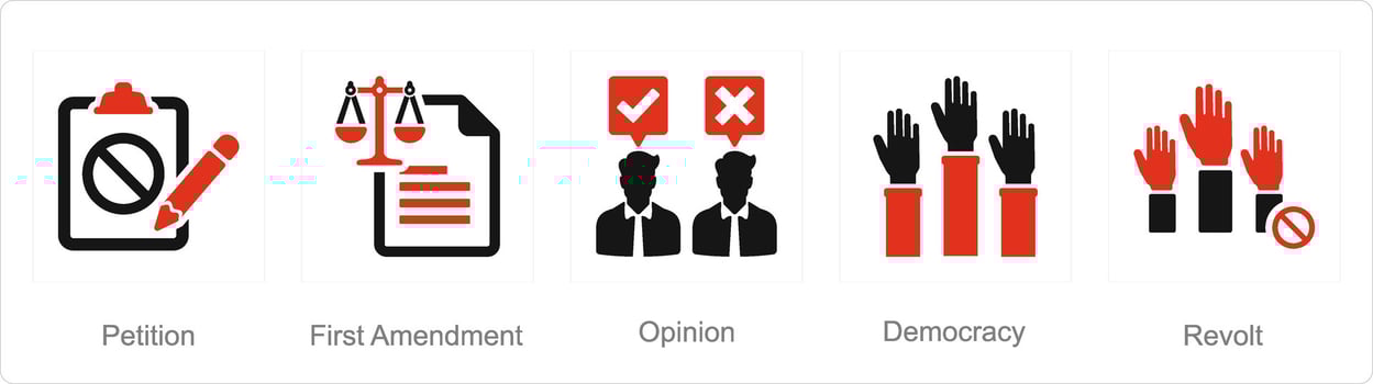 A set of 5 Freedom of Speech icons as petition, first amendment, opinion vector